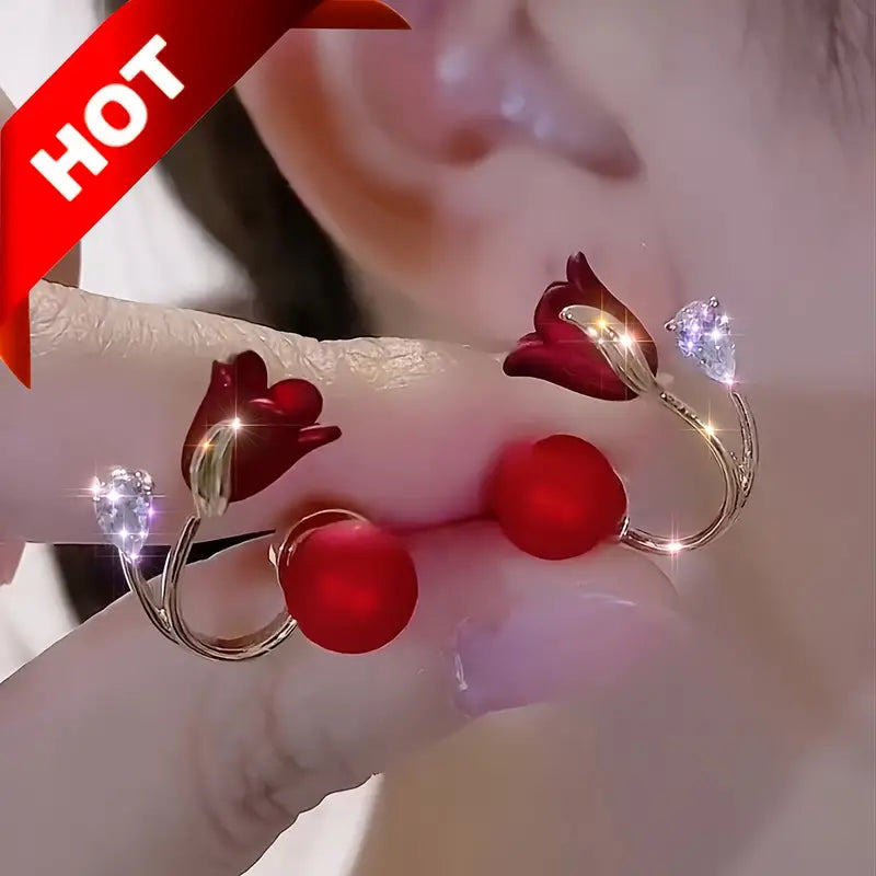 Red Flower Faux Pearl Earrings New Year Earrings For Women Party Favors