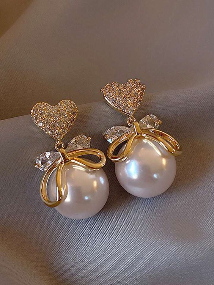 Korean Rhinestone Heart & Faux Pearl Decor Drop Earrings Gold