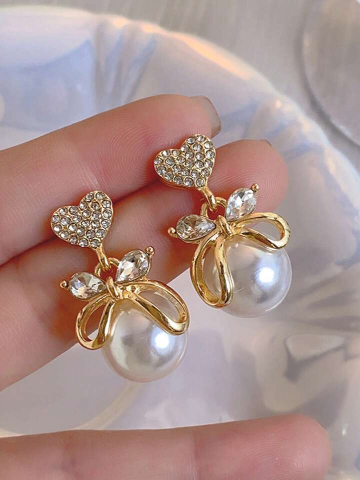 Korean Rhinestone Heart & Faux Pearl Decor Drop Earrings Gold