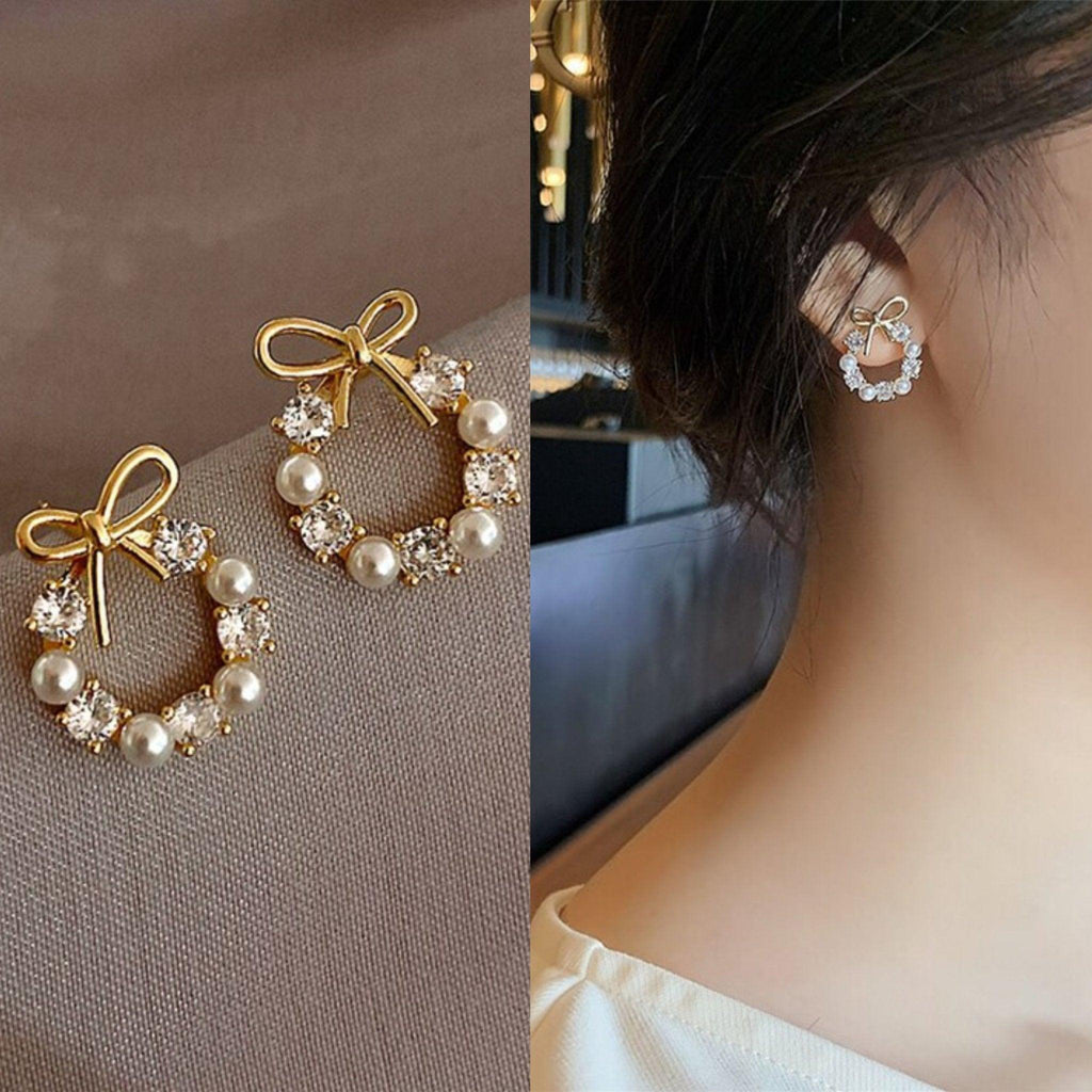 Beautiful Natural Pearl Diamond Studded Gold Earring - Shine