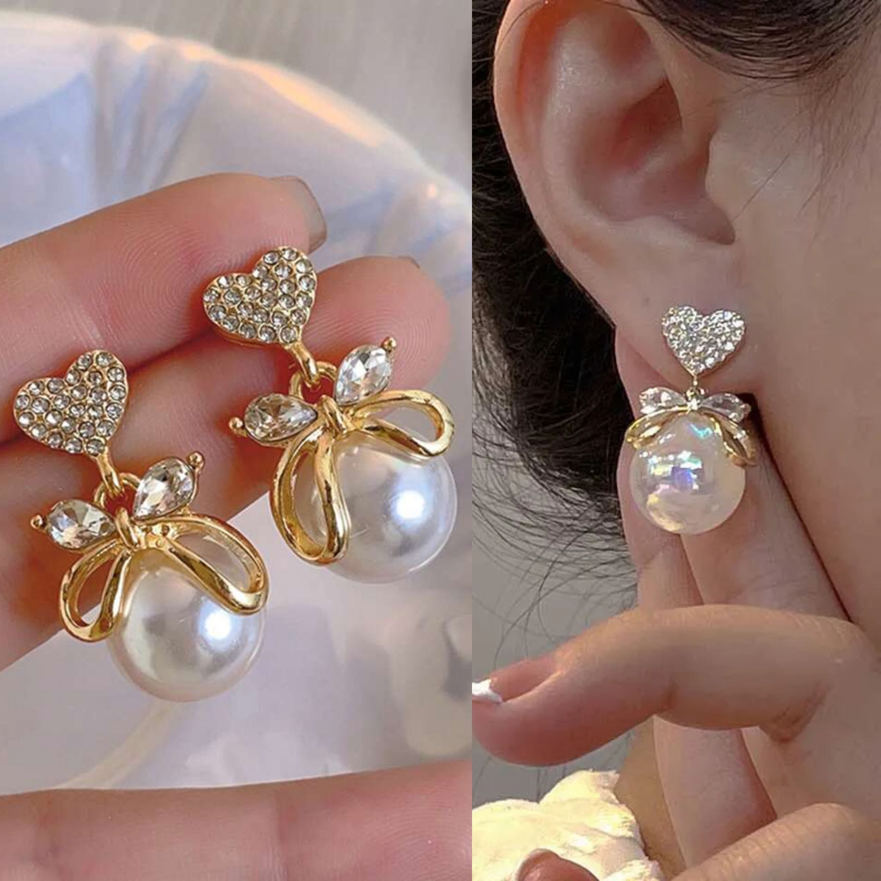 Korean Rhinestone Heart & Faux Pearl Decor Drop Earrings Gold