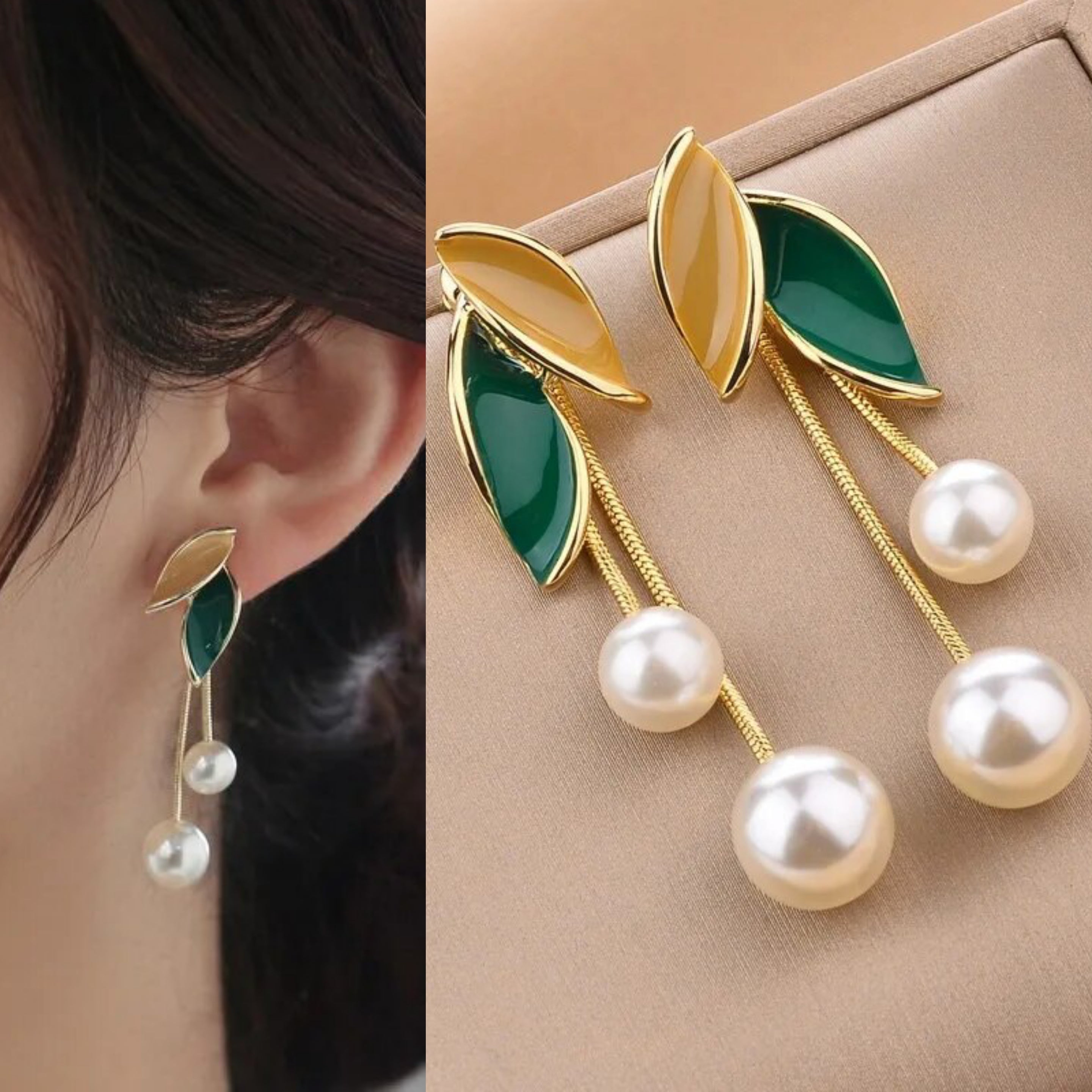 45612 Korean Beautiful Leaf Pearl Drop Earring