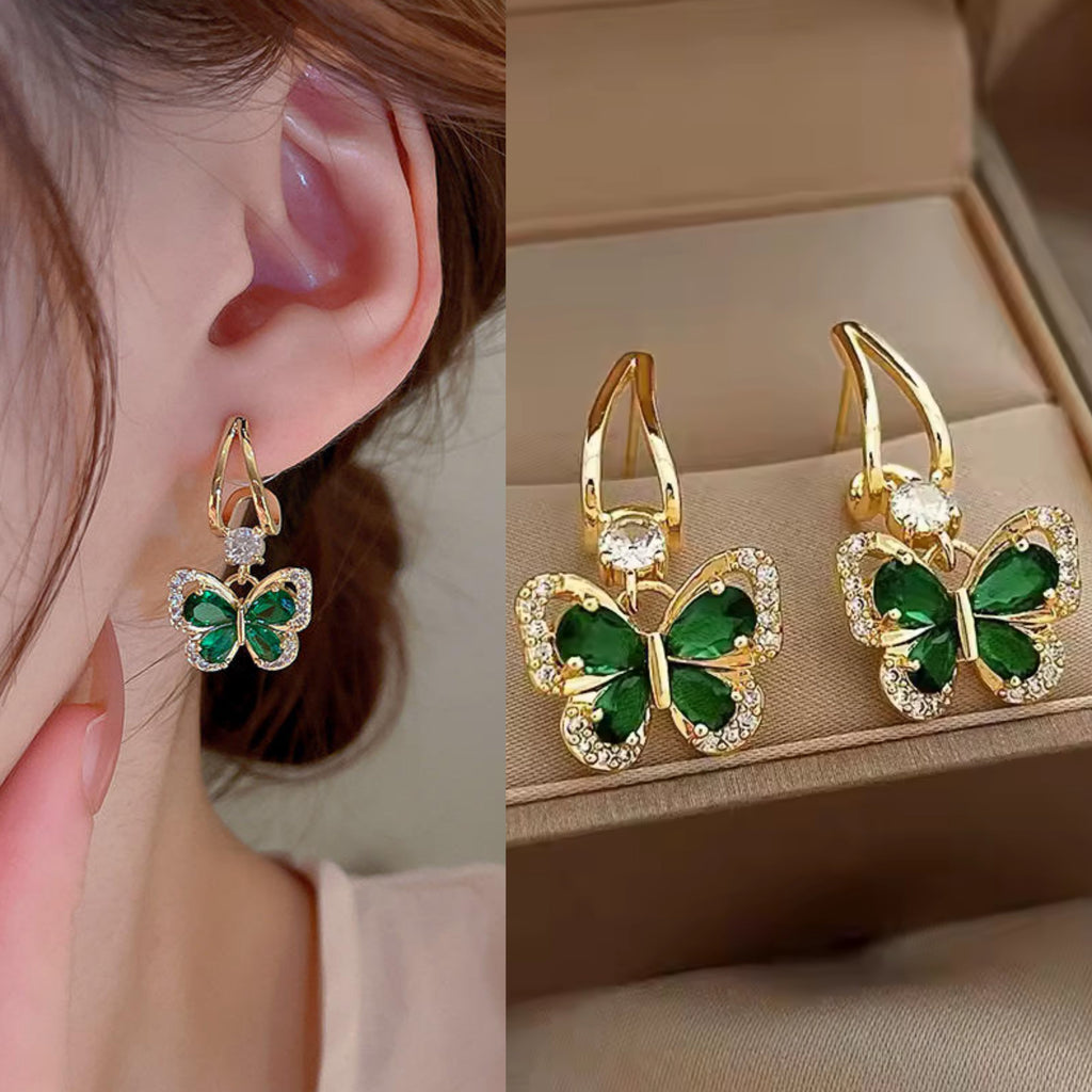 5501 Korean Luxurious Green Stone And Gold Drop Gold Earring