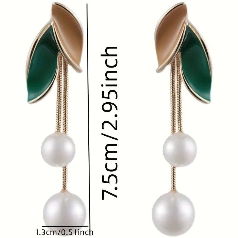 45515 Korean Elegant Tassel Earrings with Pearl and Green Leaf Accents