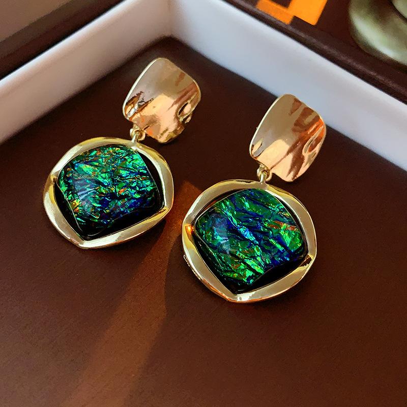 Korean Luxury Big Geometric Earrings for Women Gold Color Resin Stone Earring