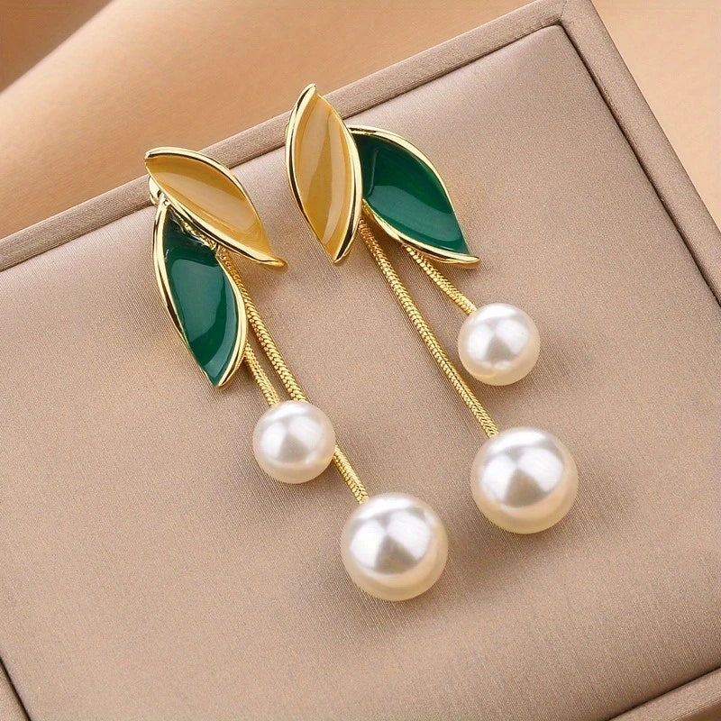 45515 Korean Elegant Tassel Earrings with Pearl and Green Leaf Accents