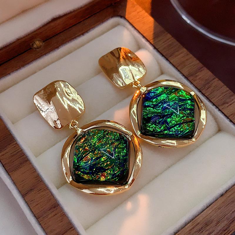 Korean Luxury Big Geometric Earrings for Women Gold Color Resin Stone Earring