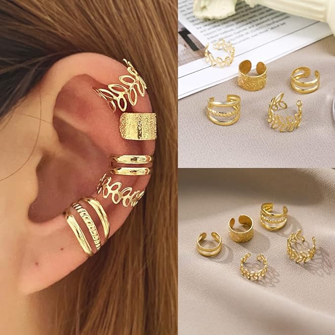 Korean 5 Piece No Hole Cuff Earrings Set Gold