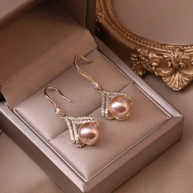 Korean Champagne Pearl Earrings, High-Grade Rhinestone drop Earring
