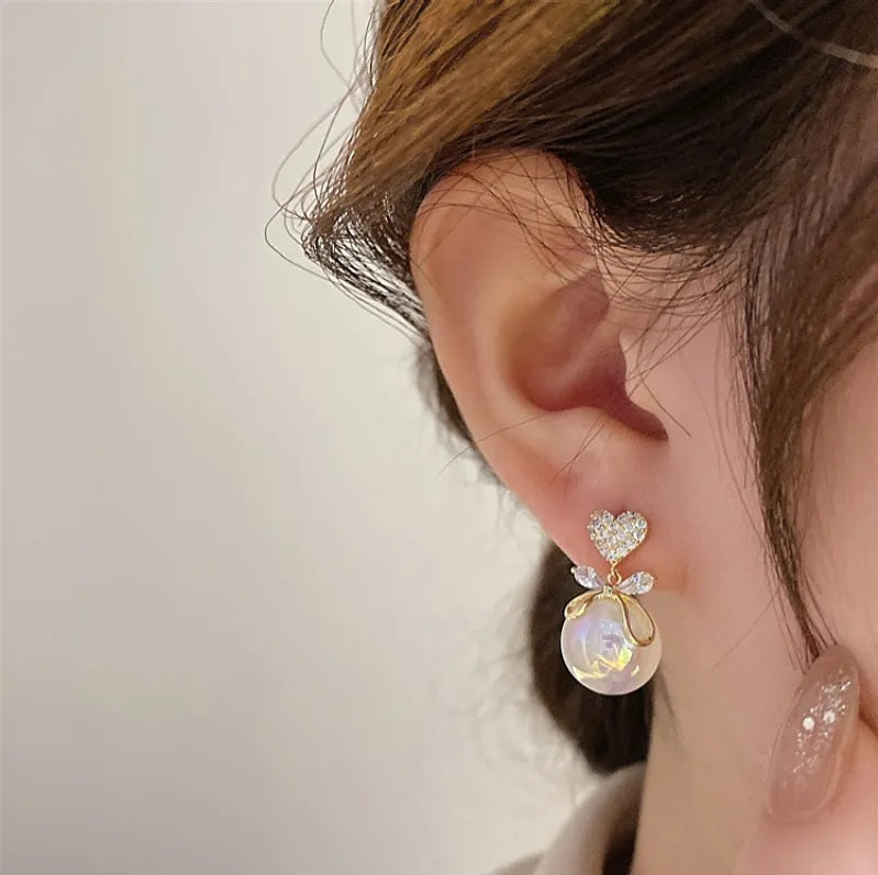 Korean Rhinestone Heart & Faux Pearl Decor Drop Earrings Gold