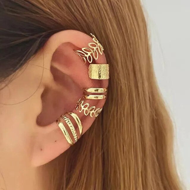 Korean 5 Piece No Hole Cuff Earrings Set Gold