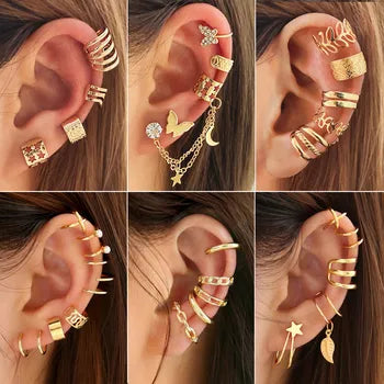 Korean 5 Piece No Hole Cuff Earrings Set Gold