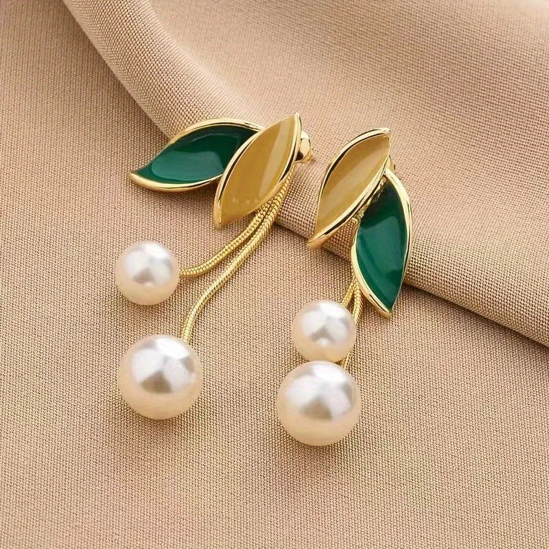45515 Korean Elegant Tassel Earrings with Pearl and Green Leaf Accents
