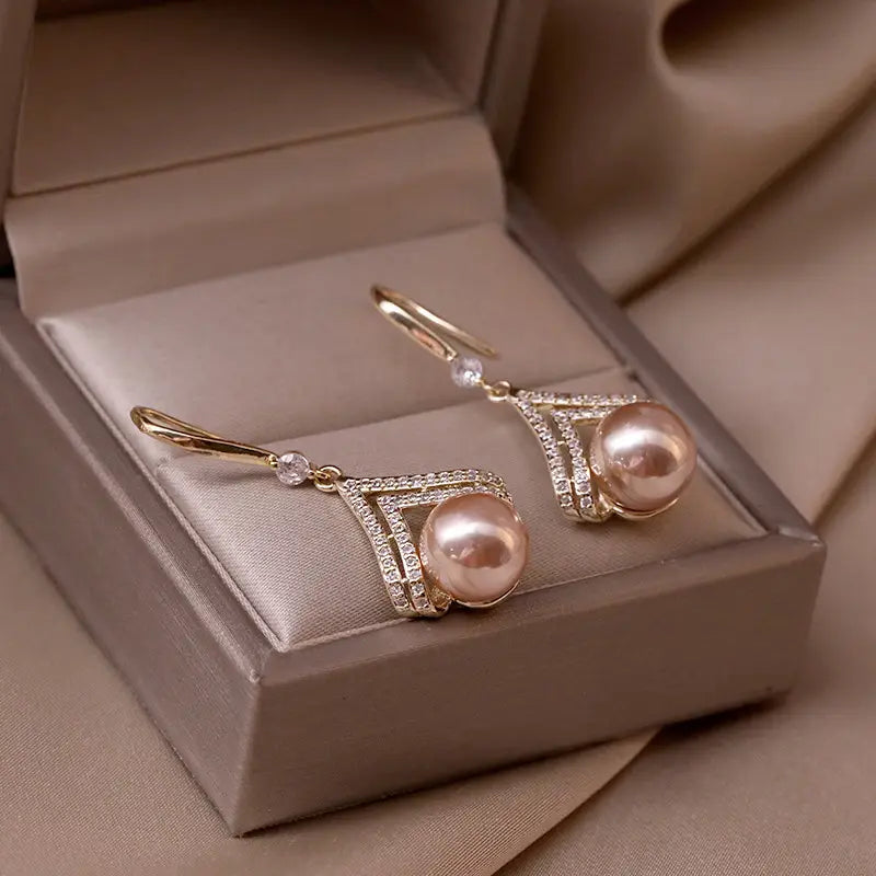 Korean Champagne Pearl Earrings, High-Grade Rhinestone drop Earring