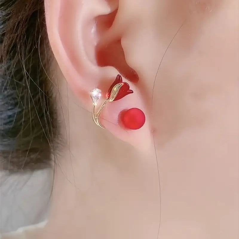 Red Flower Faux Pearl Earrings New Year Earrings For Women Party Favors