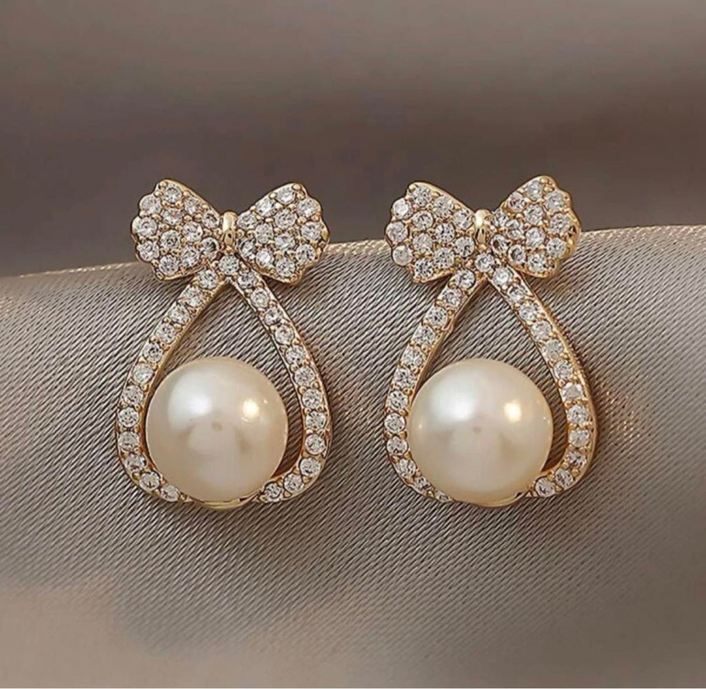Korean beautiful pearl bowknot drop Earring