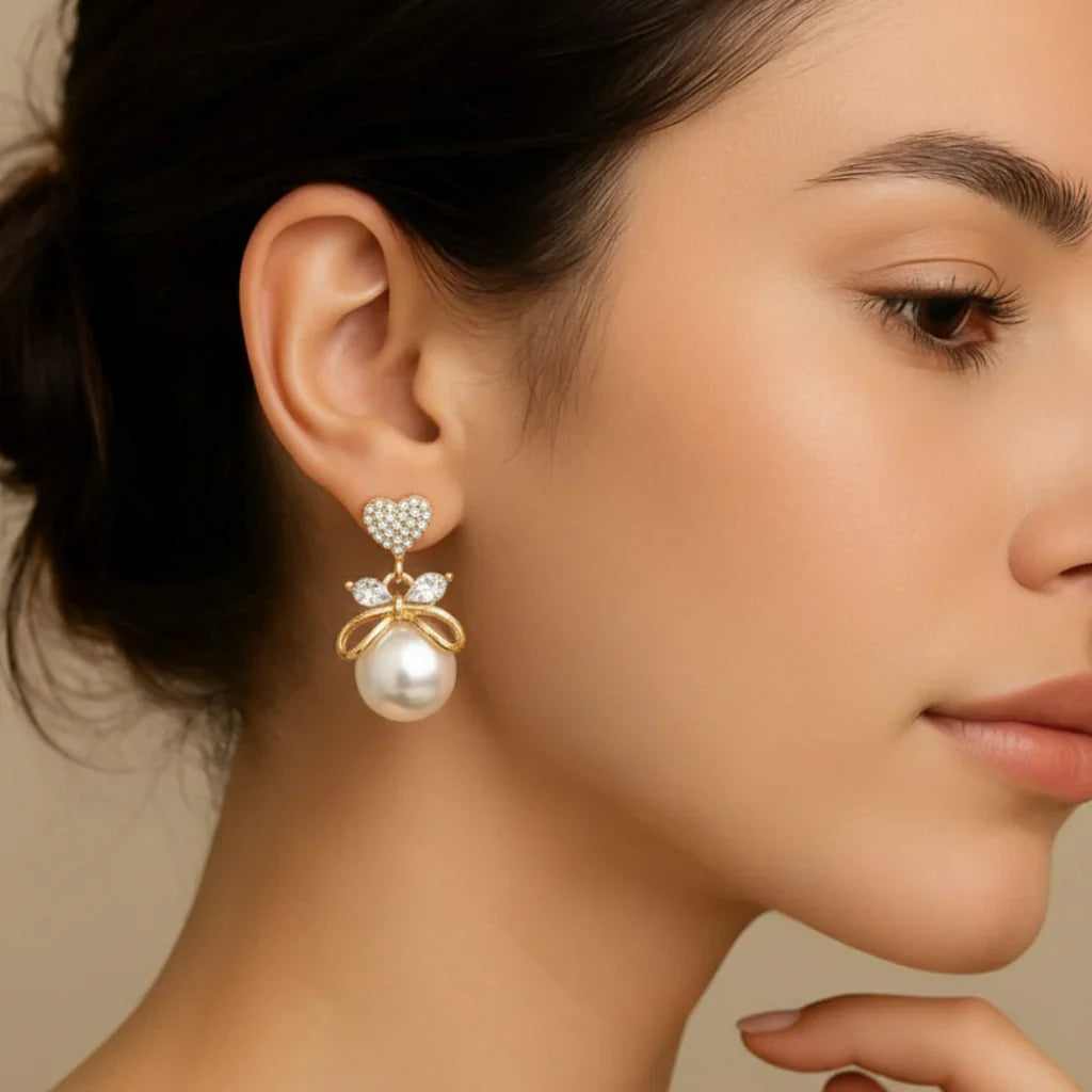 Korean Rhinestone Heart & Faux Pearl Decor Drop Earrings Gold