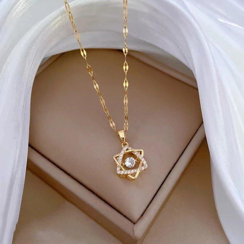 Korean Luxury Beautiful Star Gold Pearl Zirconia Stone Heart Pendant Necklace - Shineshe